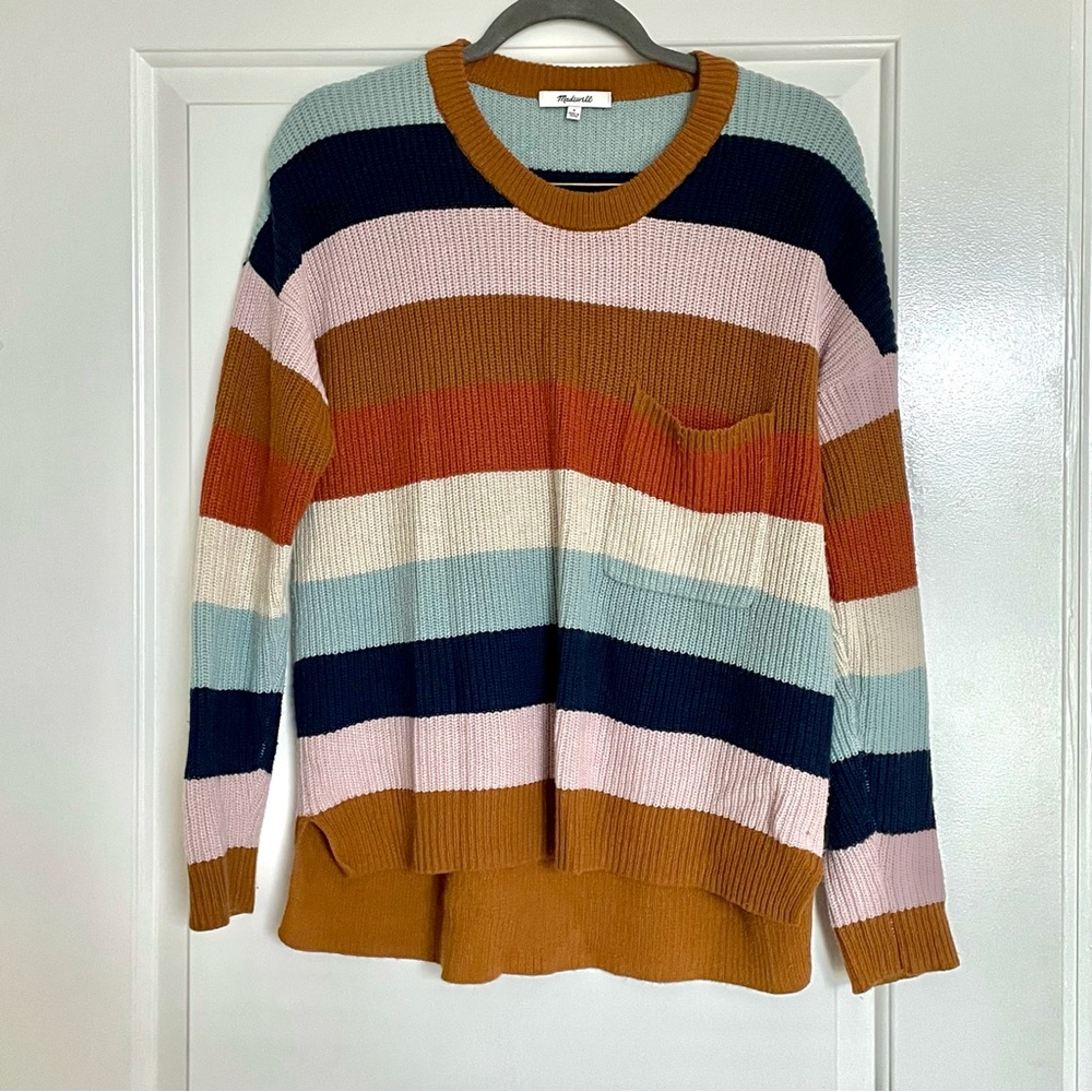 Madewell Thompson Pocket Pullover Sweater in Rainbow Stripe Size S